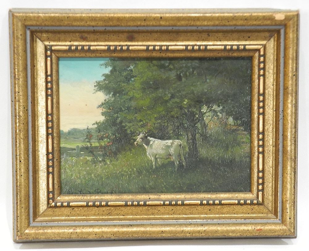 Oil on Panel signed Jean VanDen Beauk, 6 x 8", "Cow Shading".: Oil on Panel signed Jean VanDen Beauk, 6 x 8", "Cow Shading".
