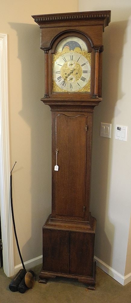 18th C. Oak Cased Long Cased Clock with Moon Phase Dial, 83"h. (1 of 7)