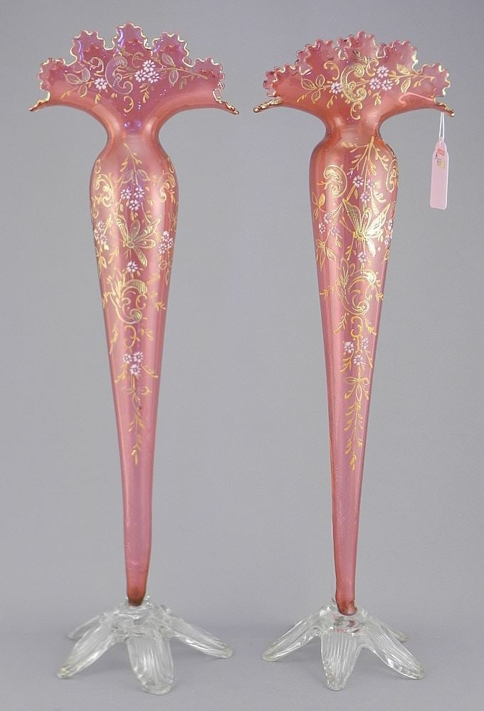 Pair of Enameled Cranberry Glass Vases, 16 3/4"h (chips & restoration noted). (1 of 2)