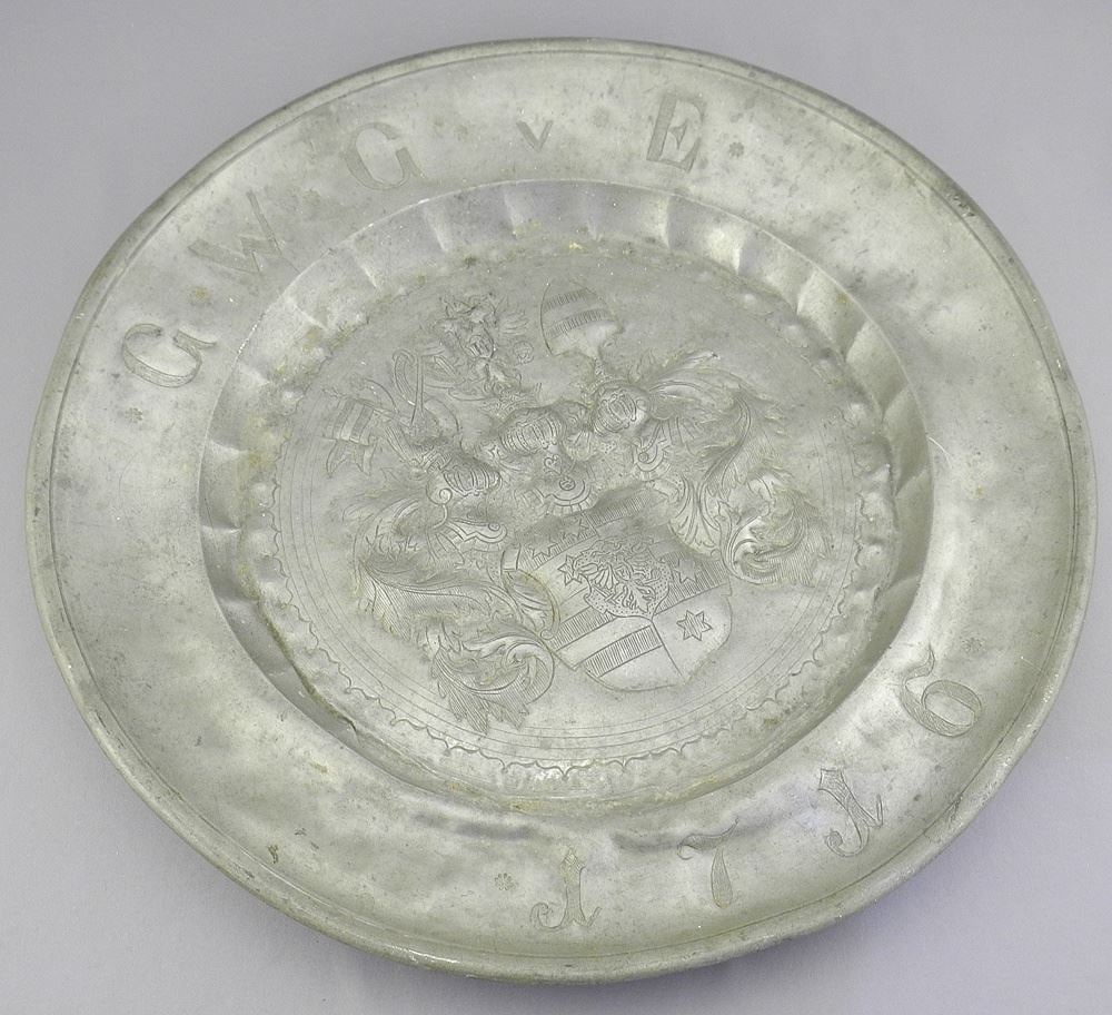 Embossed Pewter Charger Monogrammed & Dated GWGVE 1716, 14 1/4" Diameter (1 of 1)