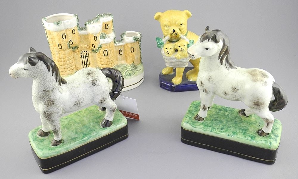 Collection of Staffordshire Pottery Including Pair of 7" Ponies, Castle & Dog. (1 of 5)