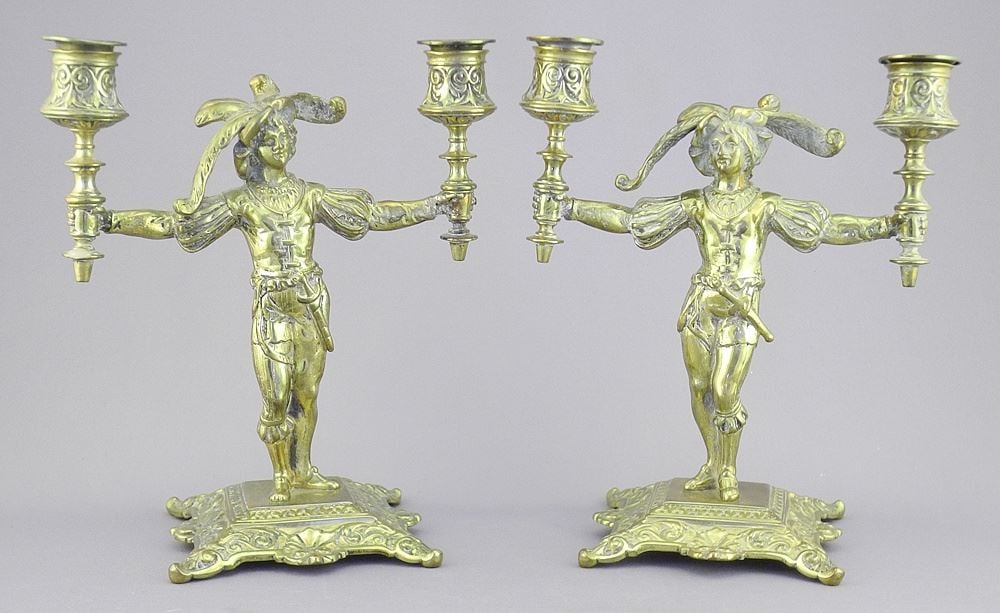 Pair of 19th C. Continental Figured Candelabra, 7 3/4". (1 of 5)