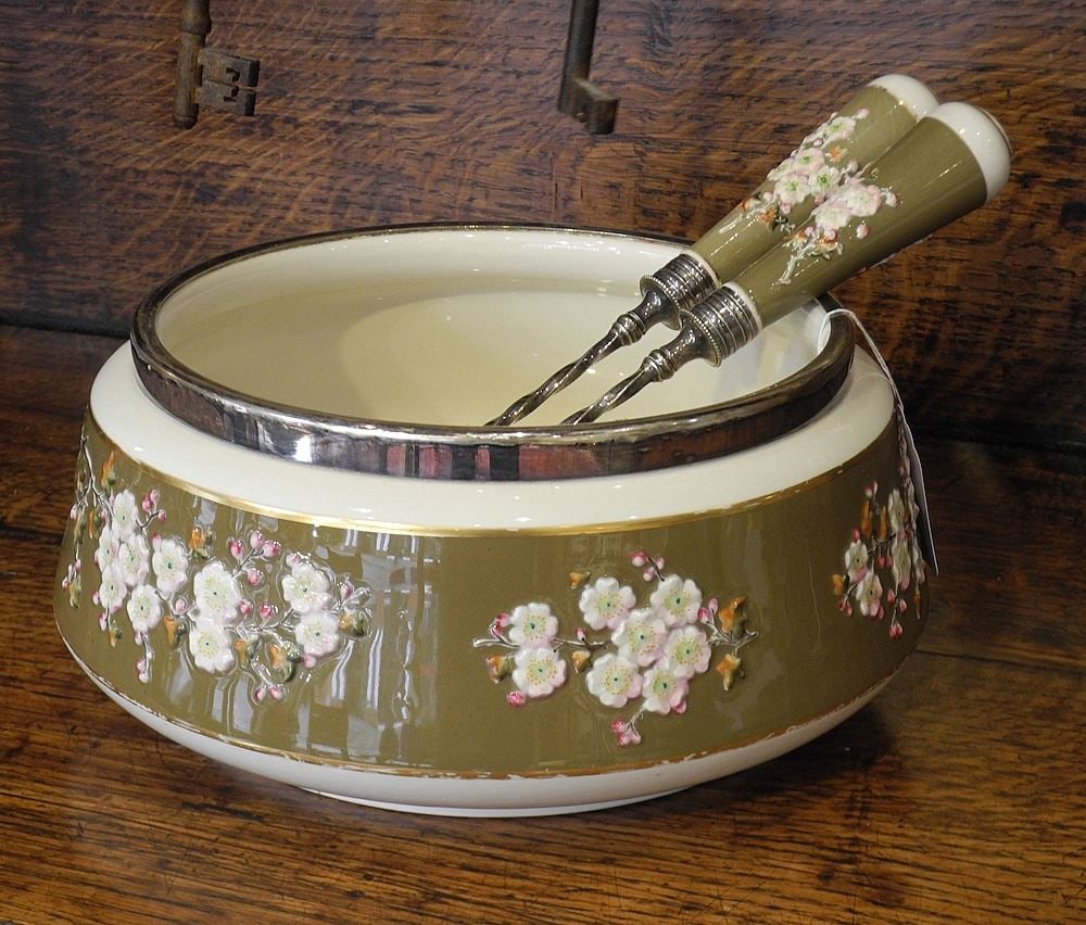 Blossom Decorated Salad Bowl with Servers, 9".: Blossom Decorated Salad Bowl with Servers, 9".