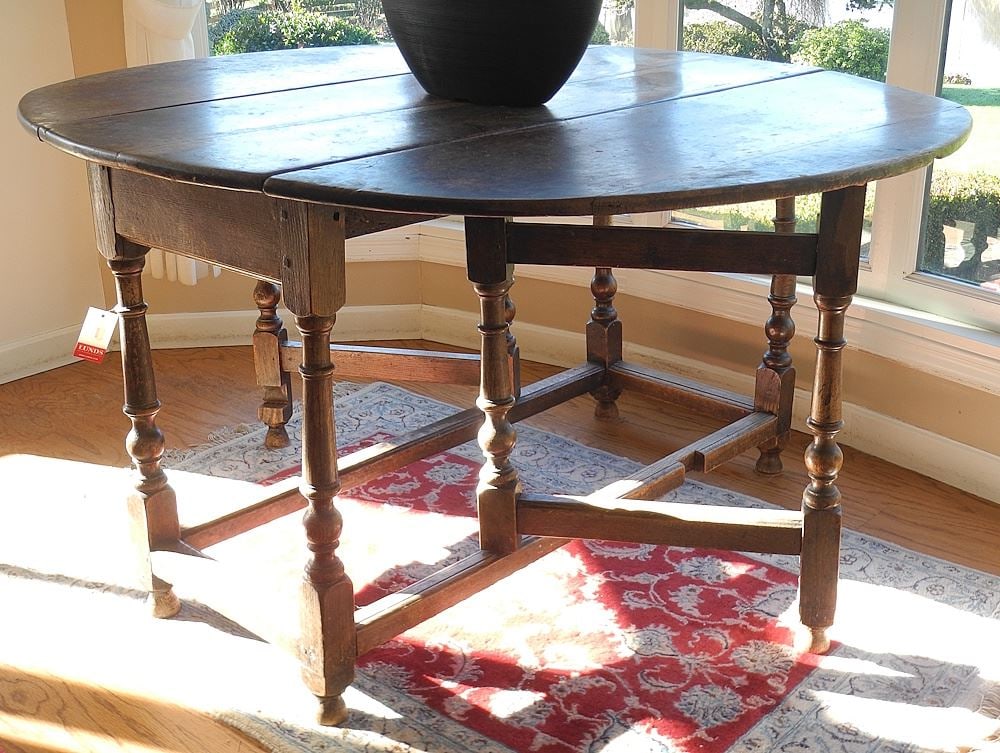 18th C. Oak Drop Leaf Dining Table, 51 1/2 x 47 x 27 3/4"h. (1 of 4)