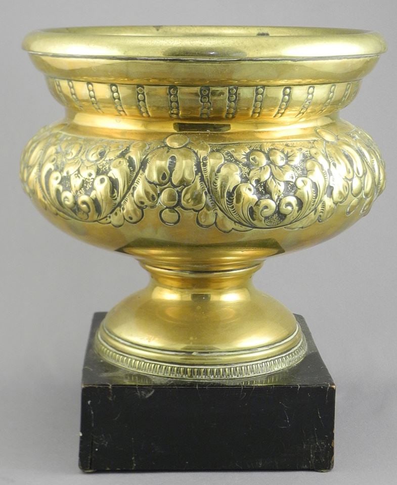 19th C. Embossed Brass Bowl on Ebonized Wood Stand, 9 7/8"h. (1 of 3)