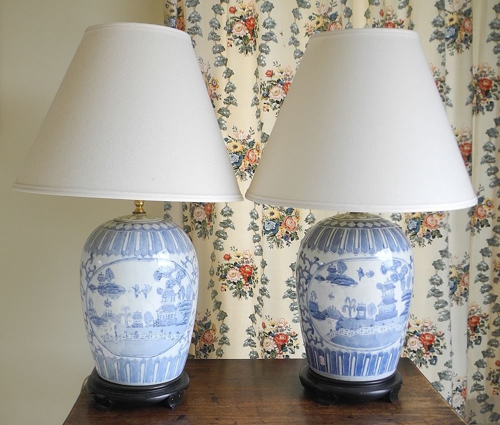 Pair of Blue & White Chinese Styled Table Lamps, 28"h. (1 of 4)