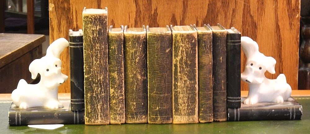 Asprey & Co. Reference Library Miniature with Dog Bookends.: Asprey & Co. Reference Library Miniature with Dog Bookends.
