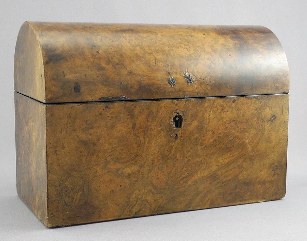 19th C. Walnut Dome Top Tea Caddy, 6 1/2 x 9 x 4 1/2" (interior lacking). (1 of 5)