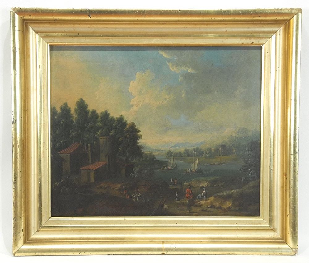 Unsigned European School 17th C., 12 5/8 x 15 3/8", "Vista with Figures & Sailing Vessels" (1 of 8)
