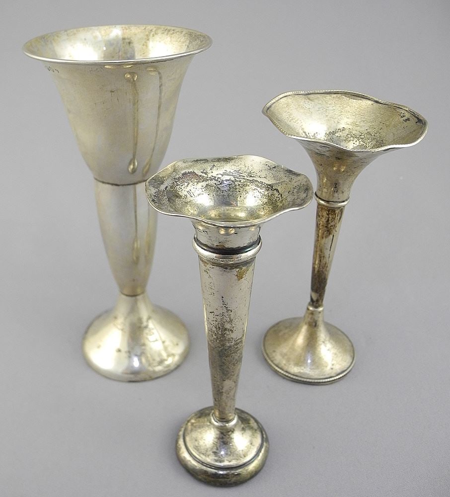 Three Weighted Hallmarked Dutch Bud Vases, 4 1/4 - 5 1/2"h, TW 205g. (1 of 4)