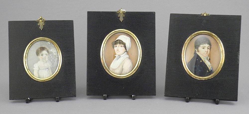 Three Portrait Miniatures, Unnamed Sitters, 2 3/8 & 2"h, NO EXPORT (as found). (1 of 2)