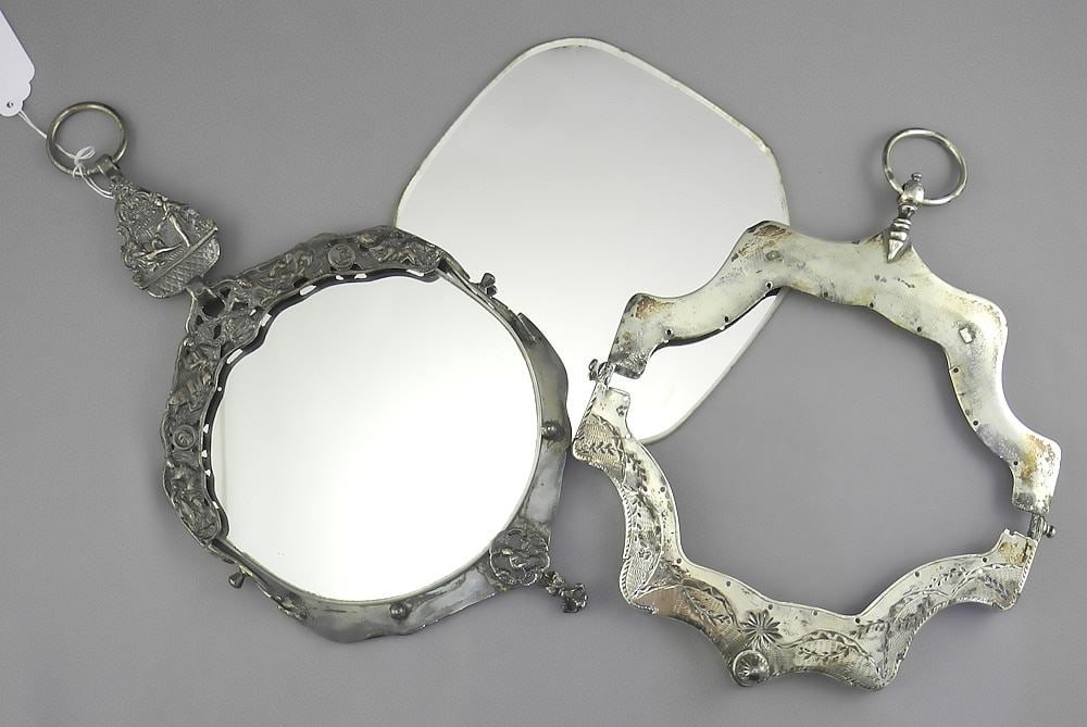 Two Dutch Silver (marked) Purse Clasps Repurposed as Mirror Frames, 305g. (1 of 3)