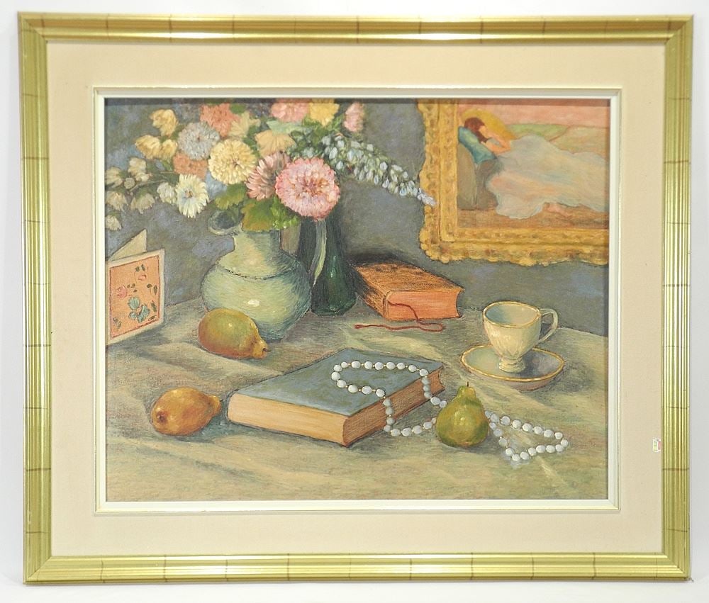 Oil on Canvas signed D. (Dolores) Dykstra (faintly), 24 x 30", "Still Life w/ Pearls".: Oil on Canvas signed D. (Dolores) Dykstra (faintly), 24 x 30", "Still Life w/ Pearls".