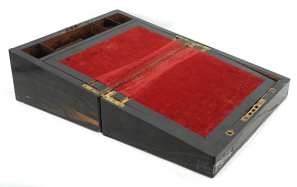 Early 19th C. Rosewood Sloped Writing Box, 14"L (loose brass/as found). (1 of 3)
