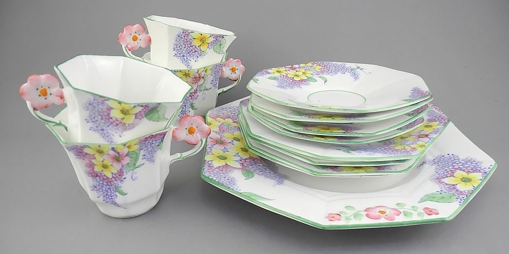 Melba Bone China Flower Handle Luncheon Set, "Lilac Time", 13 Piece: Melba Bone China Flower Handle Luncheon Set, "Lilac Time", 13 Piece