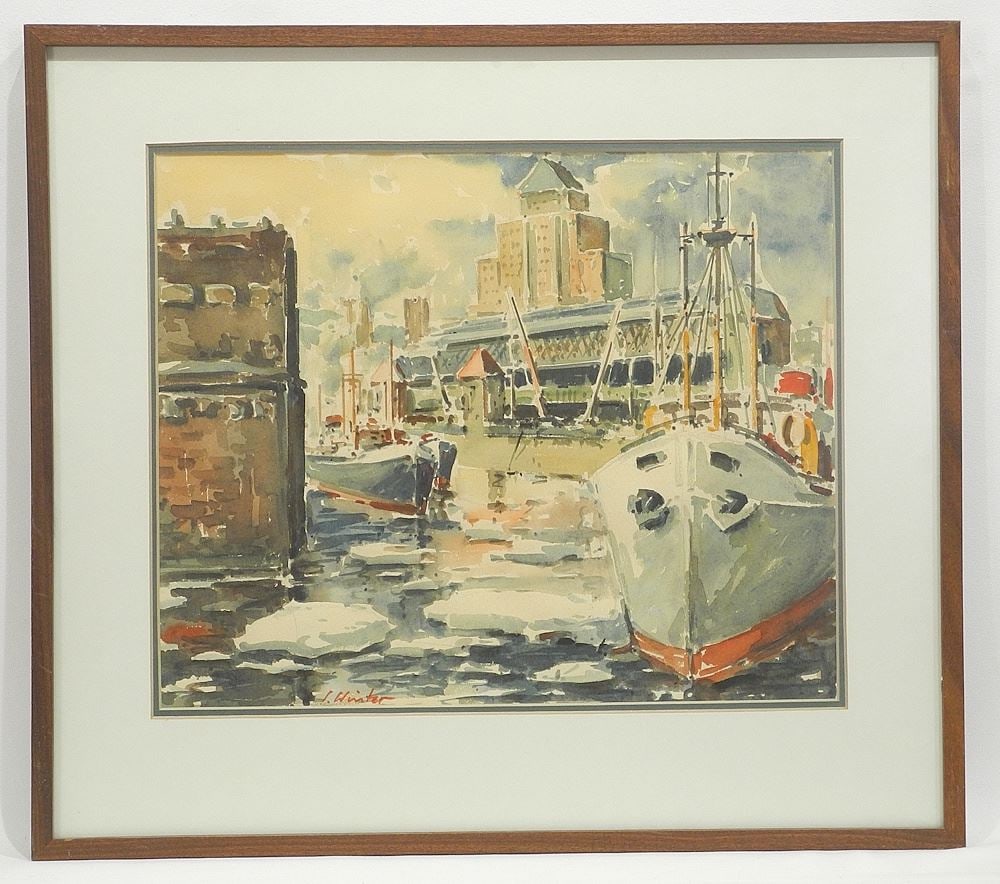 Watercolour signed S.(Siegfried) Winter, 13 1/2 x 16 1/2", "Port of Montreal, Early Spring".: Watercolour signed S.(Siegfried) Winter, 13 1/2 x 16 1/2", "Port of Montreal, Early Spring".