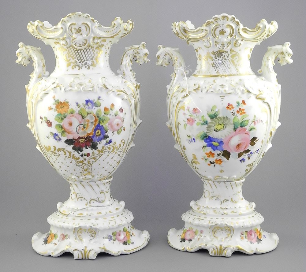 Pair of French Porcelain Vases, 12 3/4"h (foot rim cracked). (1 of 5)