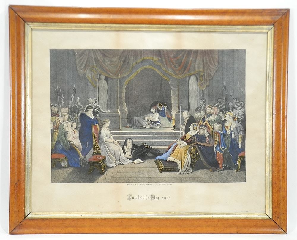 19th C. "Hamlet The Play Scene" Lithograph, 21 1/4 x 27 3/4", Birds Eye Maple Frame. (1 of 3)