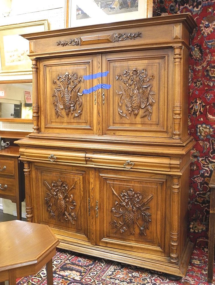 19th C. Walnut Cabinet with Natur Mort Panels, 74"h. (1 of 3)