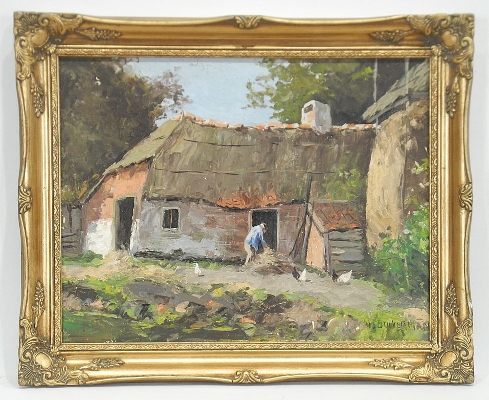 Oil on Board signed H.J. Duiverman, 13 1/2 x 17 1/2", "Farmer Tending Chickens". (1 of 3)