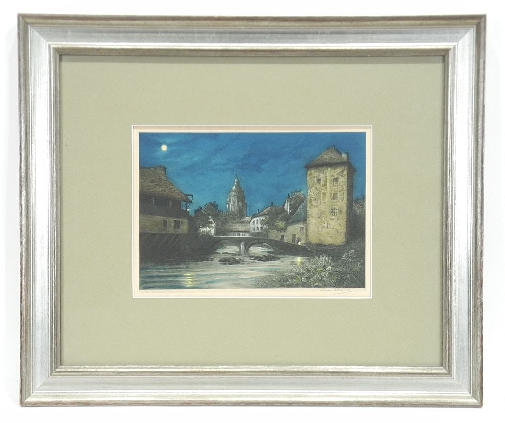 Etching with Aquatint signed Leon David, 7 x 9 3/4", "Old Anbois (France)". (1 of 5)