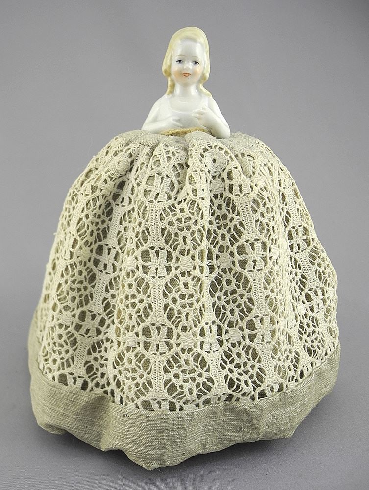 Porcelain Pin Cushion Doll, 6 1/4"h.: Porcelain Pin Cushion Doll, 6 1/4"h.