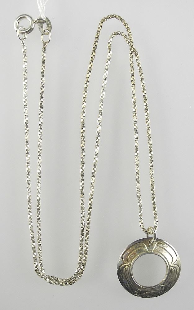 Kwagiulth Silver Pendant Monogrammed BC (Brent Campbell) on 925 Chain, 17"L, 4.3g.: Kwagiulth Silver Pendant Monogrammed BC (Brent Campbell) on 925 Chain, 17"L, 4.3g.