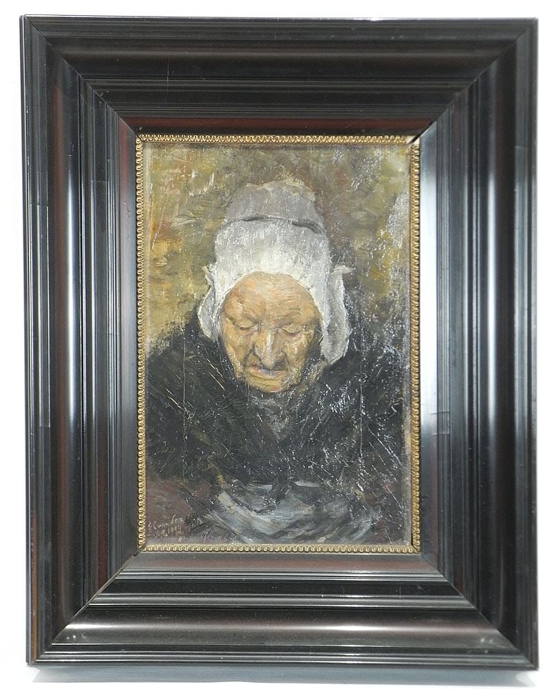Oil on Canvas signed E. Cuan Soit, 1904, 14 1/4 x 9 5/8", "Elderly Woman".: Oil on Canvas signed E. Cuan Soit, 1904, 14 1/4 x 9 5/8", "Elderly Woman".