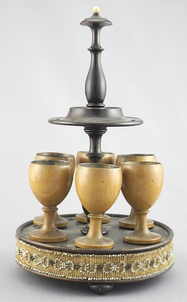 Treen Ware Egg Stand with Beaded Skirt, 10 1/4"h.: Treen Ware Egg Stand with Beaded Skirt, 10 1/4"h.