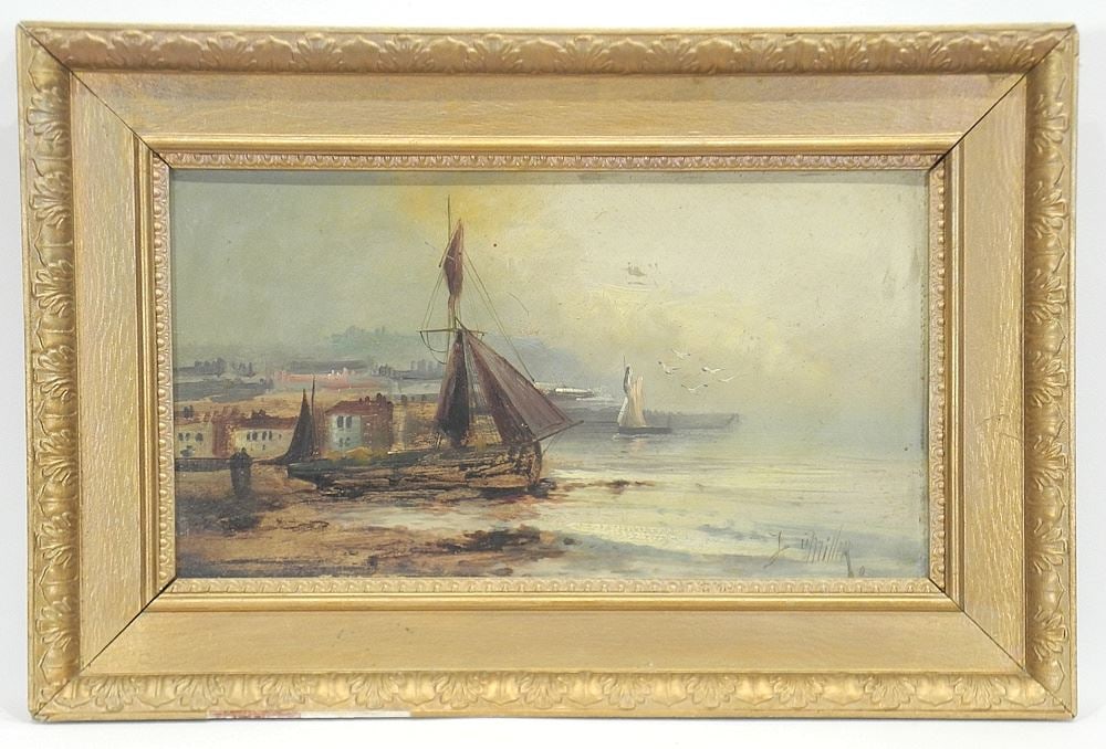 Oil on Board signed J.H. Miller, 10 x 17 1/2", "Harbour Scene with Gulls". (1 of 3)