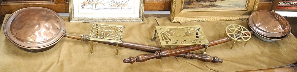 Two Copper Bed Warmers & Three Brass Trivets, Approx. 4"h. (1 of 3)