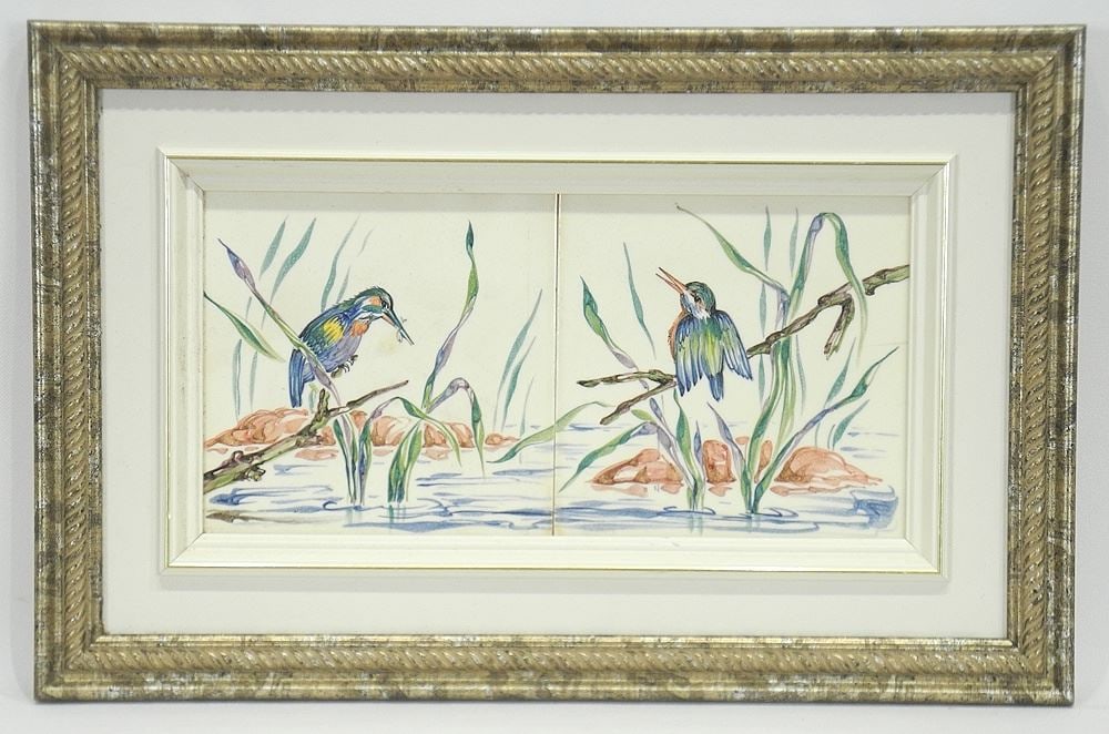 Pair of Pilkington "Kingfisher" Tiles, 6 x 6" Each, Framed. (1 of 3)