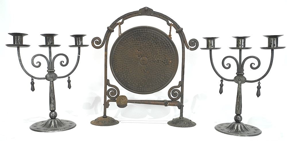 Wrought Iron Dinner Gong & Stick (15"h) with Pair of Similar Candelabra, 11 1/4"h. (1 of 3)