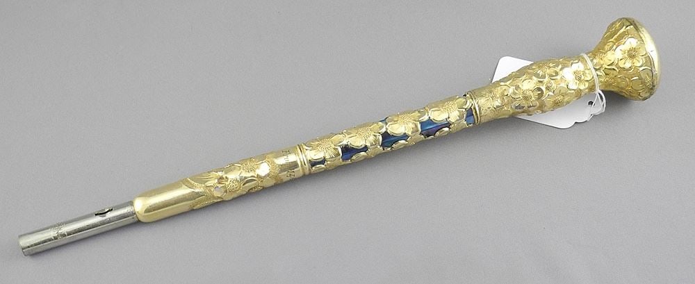 Blue Enamel & Gilt Metal Parasol Handle, 10 1/2".: Blue Enamel & Gilt Metal Parasol Handle, 10 1/2".
