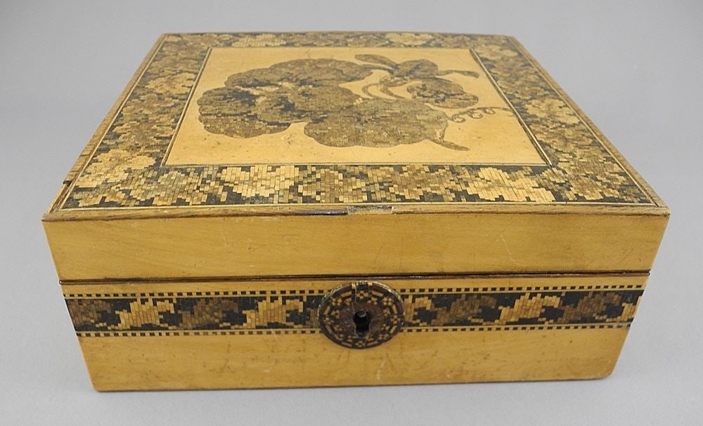 Tunbridge Ware Box, 2 3/8 x 6 x 6", Includes Key (imperfections noted). (1 of 3)