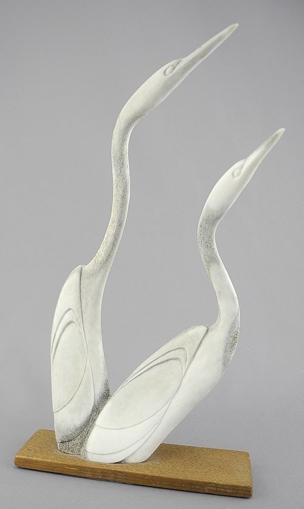 Antler Carving signed w/ Label Maureen Morris, 9"h, "Two Geese", Impressed 345.: Antler Carving signed w/ Label Maureen Morris, 9"h, "Two Geese", Impressed 345.