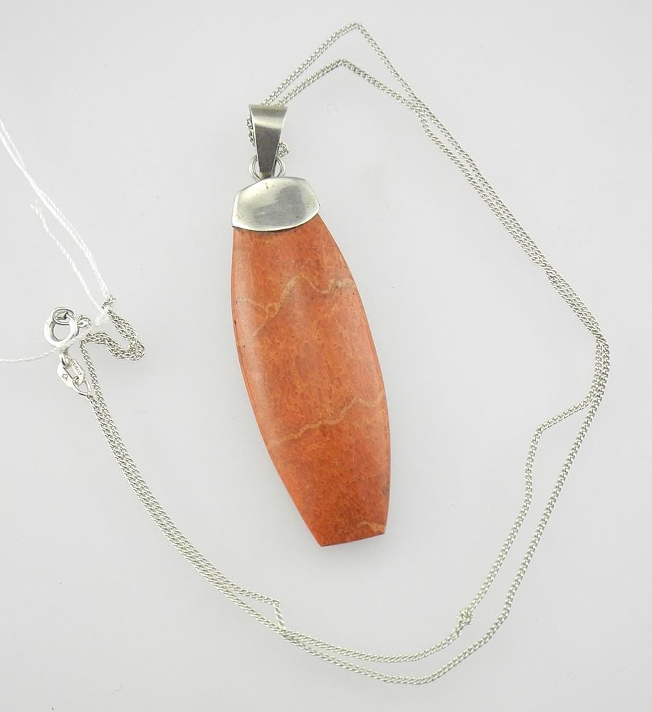Hand Carved Red Marbled Coral/ Sterling Pendant & Chain (925), 21 1/2"L.: Hand Carved Red Marbled Coral/ Sterling Pendant & Chain (925), 21 1/2"L.