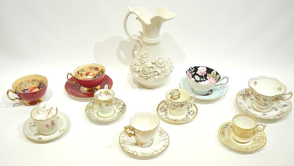 Collection of Bone China Teacups & Saucers (2 Paragon D. Jones Cups w/ 1 saucer), w/Belleek Pitch (1 of 2)