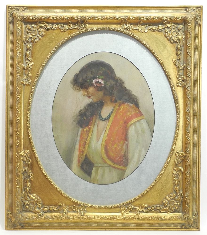Unsigned Eastern Roman Oil on Board, 17 3/4 x 13 5/8", "Romanian Woman in Profile". (1 of 2)