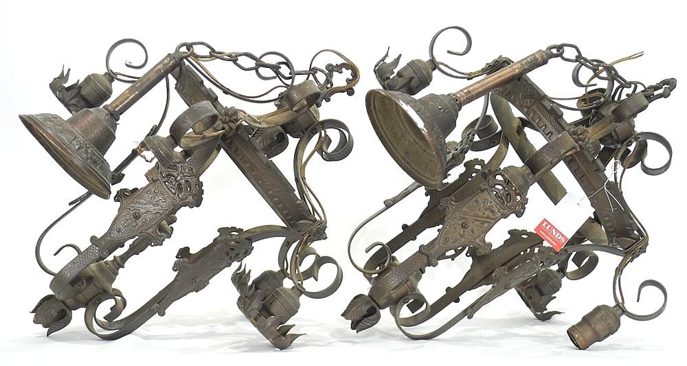 Pair of 1920's Cast Metal Pendant Ceiling Fixtures with Crowns & Various Parts. (1 of 3)