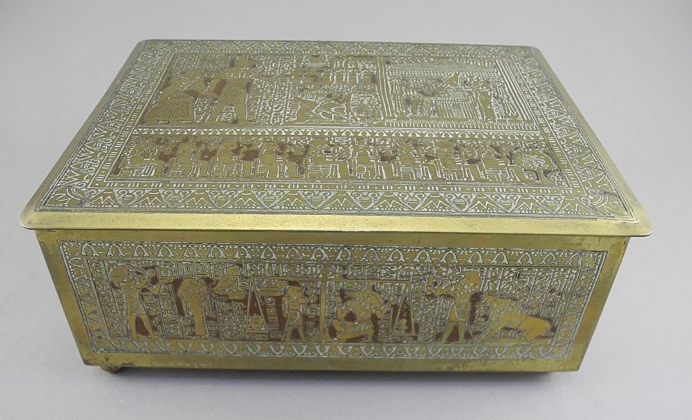 Egyptian Style Brass Cigar Box, 2 3/4 x 7 1/8 x 5 1/2"h, TW 205g. (1 of 3)