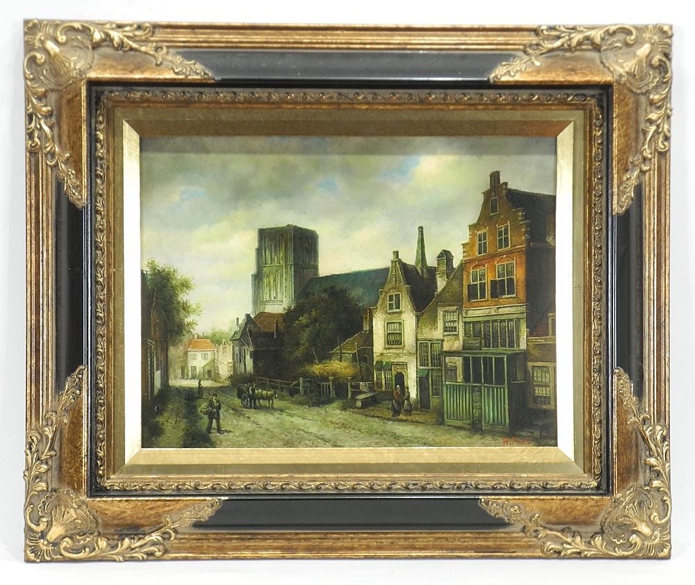 Oil on Board signed H. Pratt, 12 x 16", "Dutch Street Scene". (1 of 3)