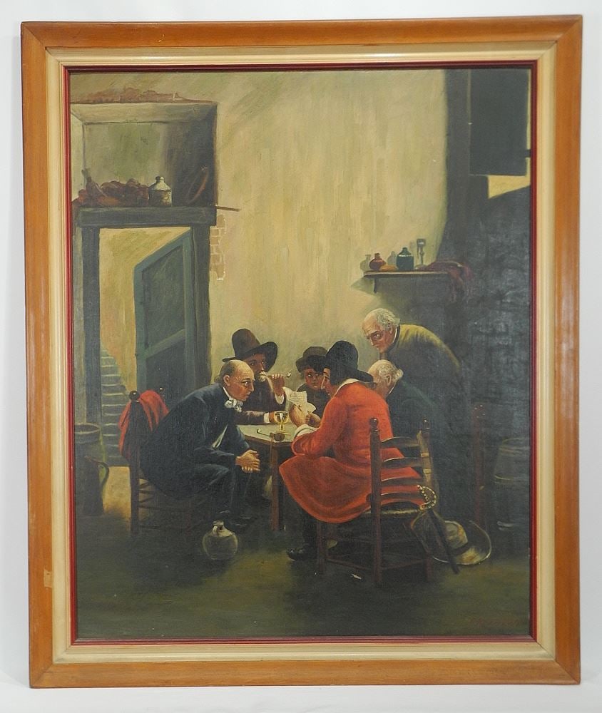 Oil on Board signed D. Kernow After Claus Meyer, 37 x 29 1/2", " with Men Playing Dice". (1 of 4)