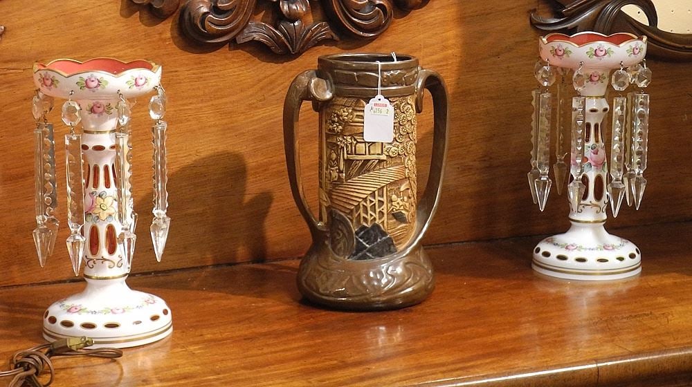 Pair of Bohemian Overlay Crystal Lustres, 10 1/2"h.: Pair of Bohemian Overlay Crystal Lustres, 10 1/2"h.