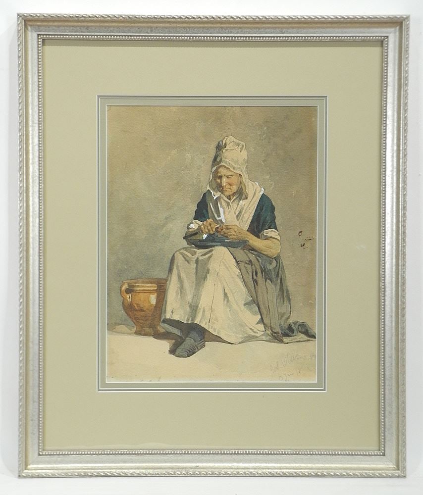 Watercolour signed E.S. Witkamp 18 June'78, 13 3/4 x 10 1/4", "Woman Preparing Food". (1 of 3)
