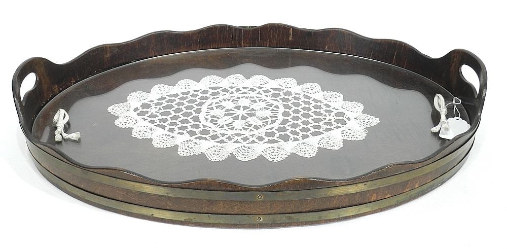 Brass Bound Mahogany Tray with Glass Liner, 20 3/8"w. (1 of 2)