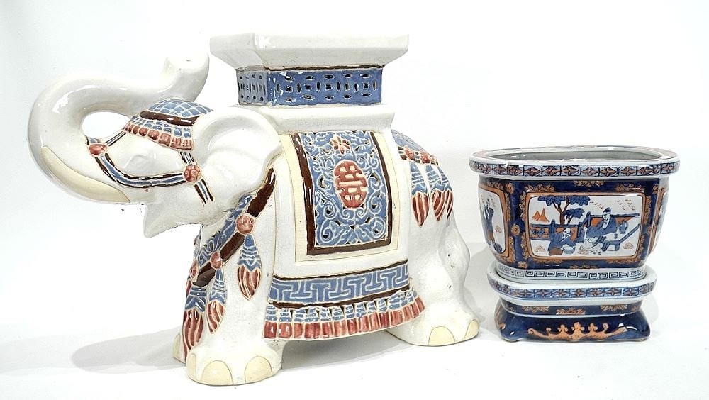 Asian Ceramic Elephant Stand & Chinese Trough on Stand, 15 1/4 & 9" (1 of 5)