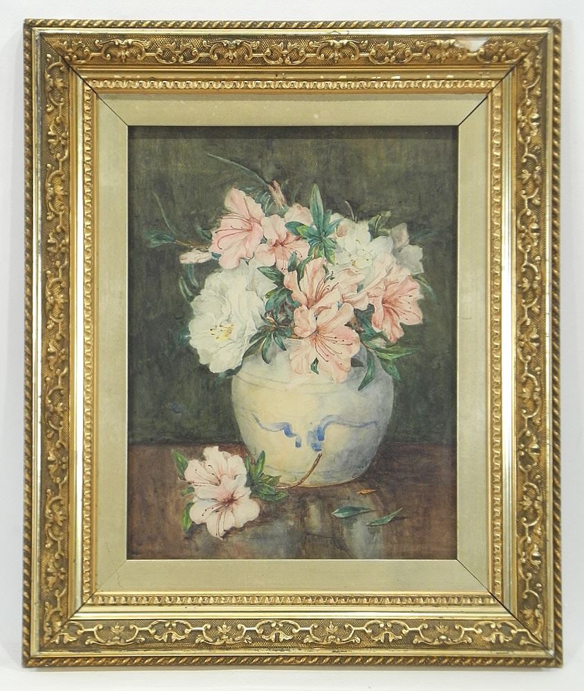 Unsigned Watercolour, 13 x 9 3/4", "Floral Arrangement in Chinese Jar". (1 of 2)