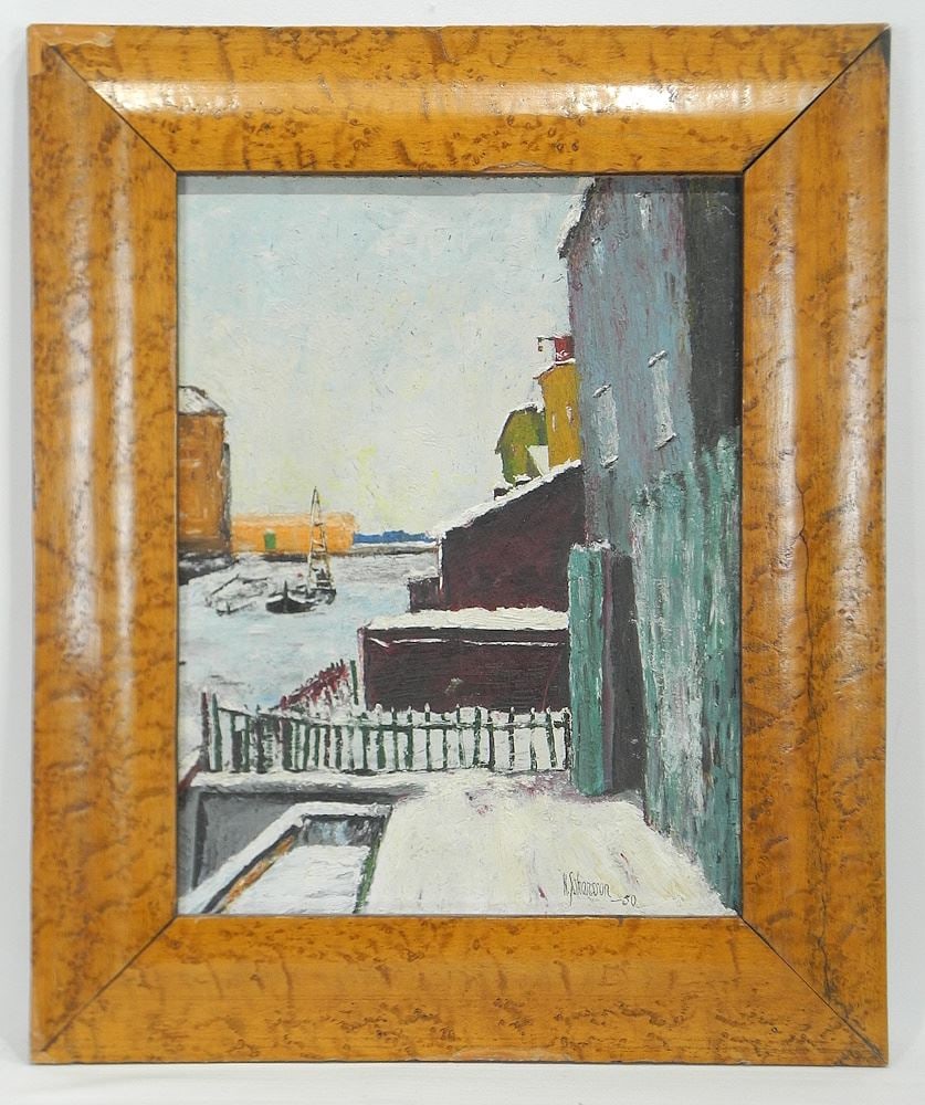 Oil on Board signed N. Johansson'50, 14 1/2 x 11", "Nordic Harbour Scene": Oil on Board signed N. Johansson'50, 14 1/2 x 11", "Nordic Harbour Scene"