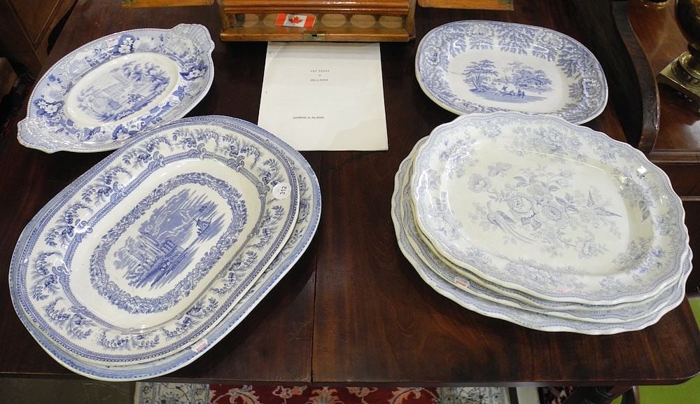 Collection of Staffordshire Blue & White Platters & Dishes, 11 1/4 - 17 1/2"w. (1 of 2)